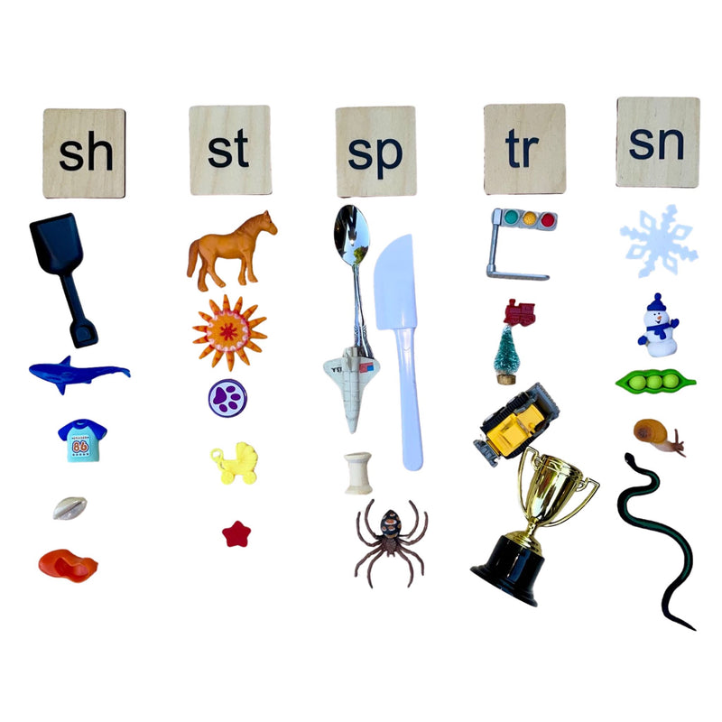 Bag Full of Blends & Digraphs Objects Kit (sh, sn, sp, st, tr) -With Wooden Tiles