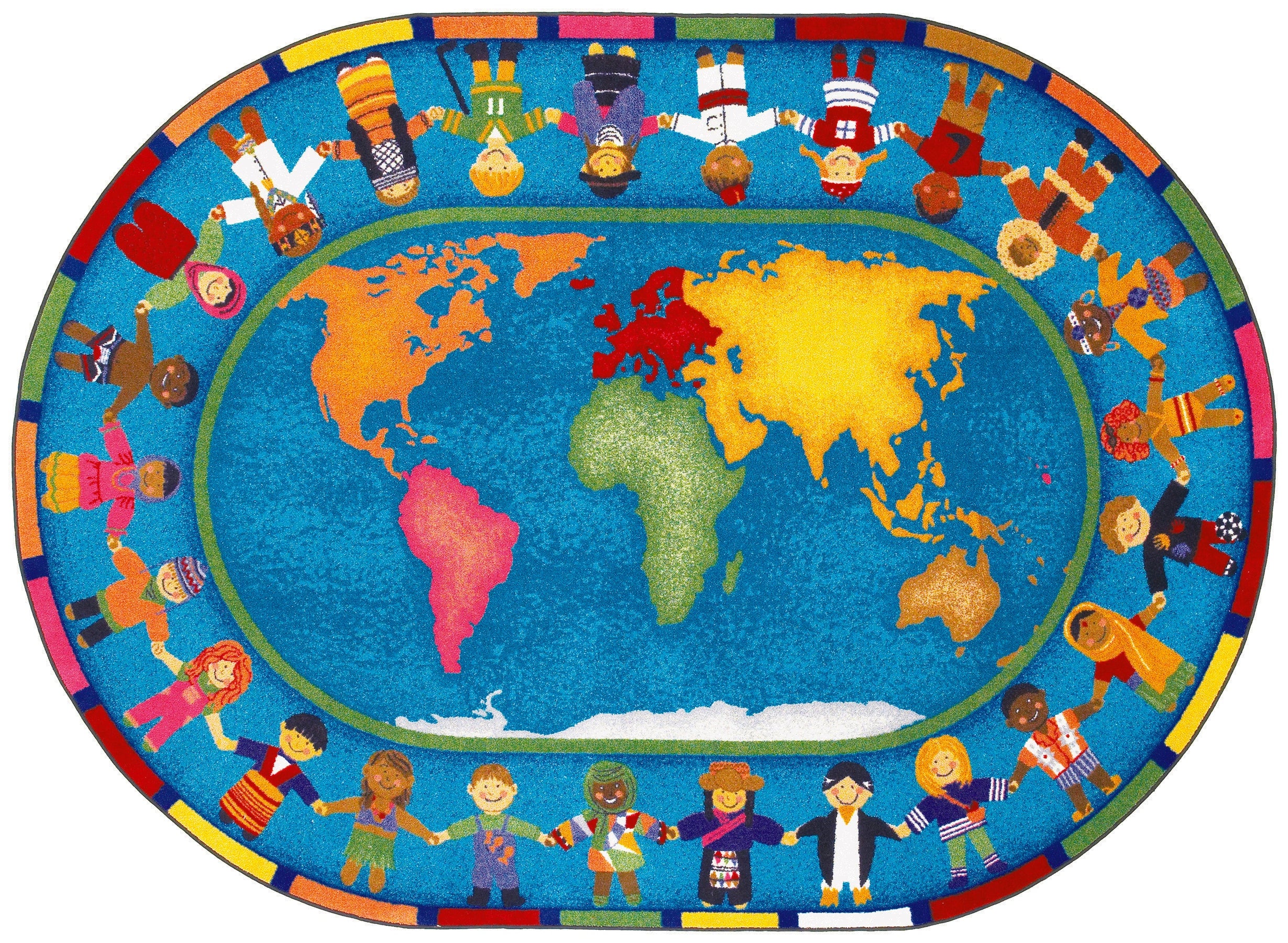 An oval-shaped rug featuring a colorful world map with children from different countries around the border, representing a Montessori classroom environment.