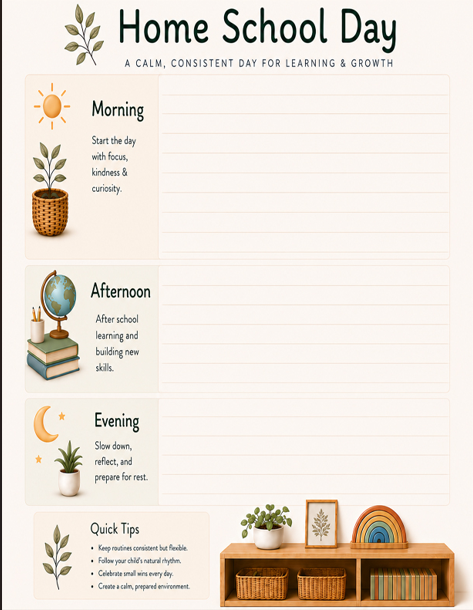 Home School Day - Blank Template with Morning, Afternoon, Evening and Quick Tips