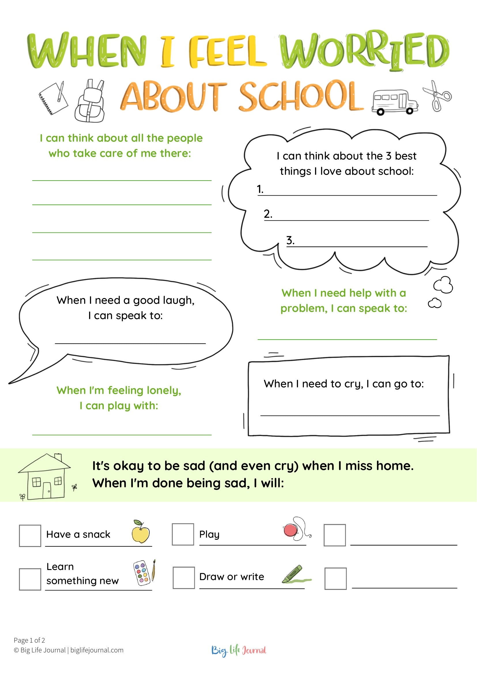 Big Life Journal Free Printables: When I Feel Worried About School