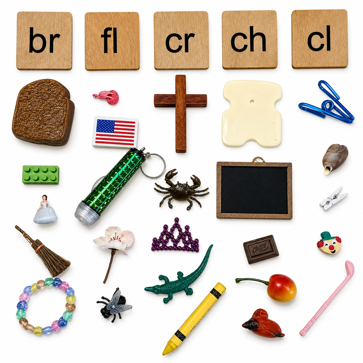 Bag Full of Blends & Digraphs Objects Kit (br,ch,cl,cr,fl)-With Wooden Tiles