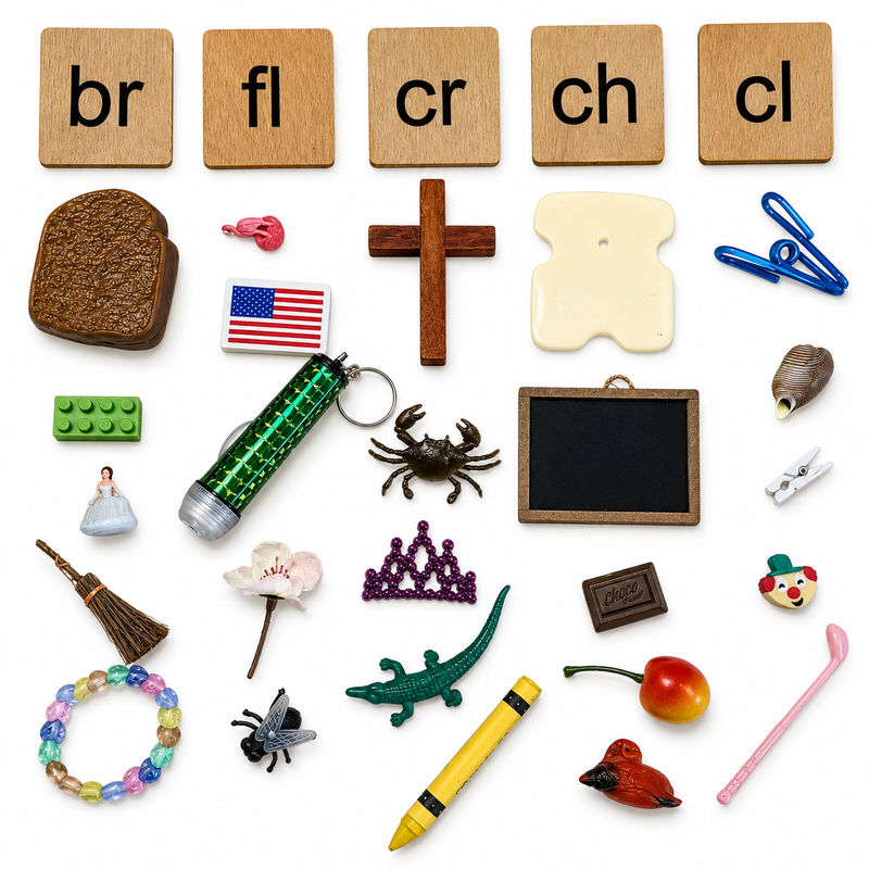 Bag Full of Blends & Digraphs Objects Kit (br,ch,cl,cr,fl)-With Wooden Tiles