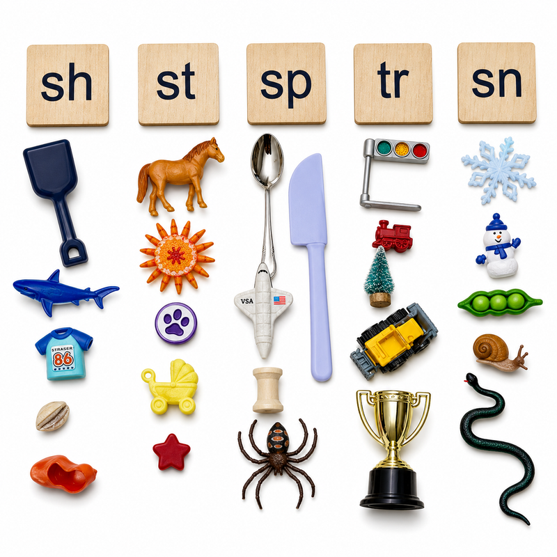 Bag Full of Blends & Digraphs Objects Kit (sh, sn, sp, st, tr) -With Wooden Tiles