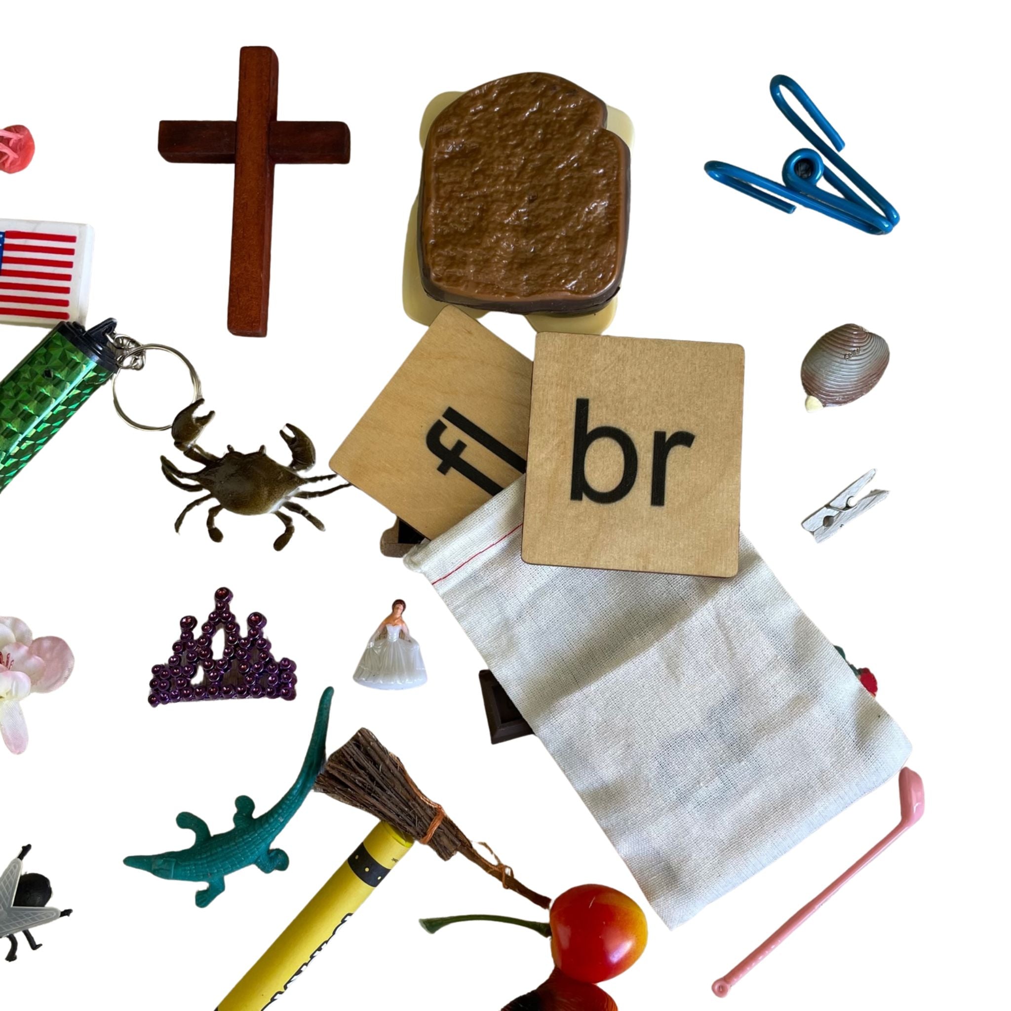 Bag Full of Blends & Digraphs Objects Kit (br,ch,cl,cr,fl)-With Wooden Tiles