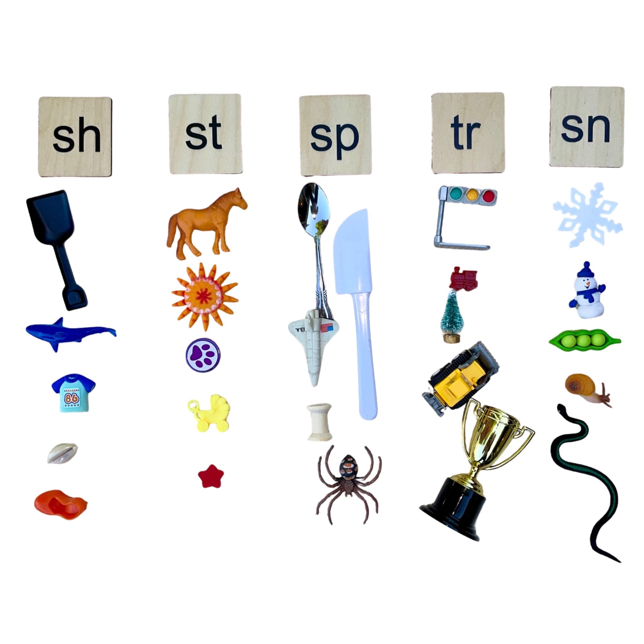 Bag Full of Blends & Digraphs Objects Kit (sh, sn, sp, st, tr) -With Wooden Tiles