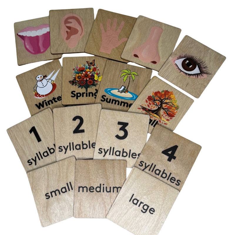 Wooden Language Labels, 4 Seasons, 5 Senses, Syllables, Small, Medium Large