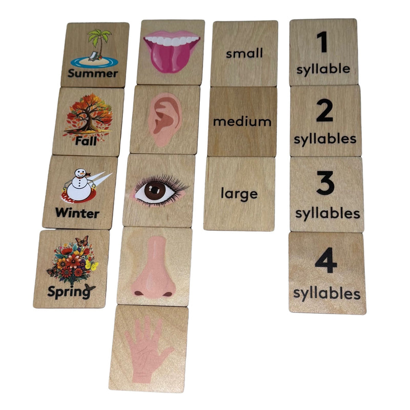 Wooden Language Labels, 4 Seasons, 5 Senses, Syllables, Small, Medium Large