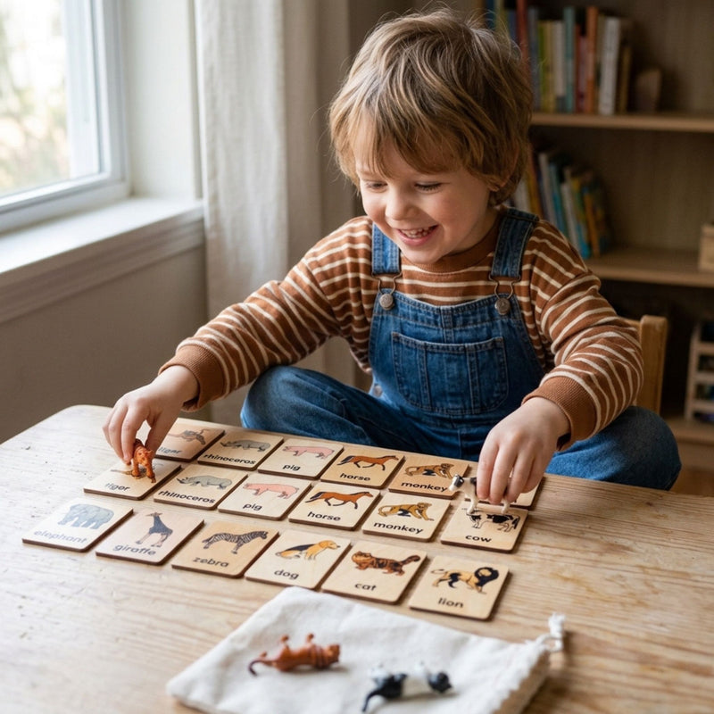 Animals 3-Part Wood Tiles with Objects