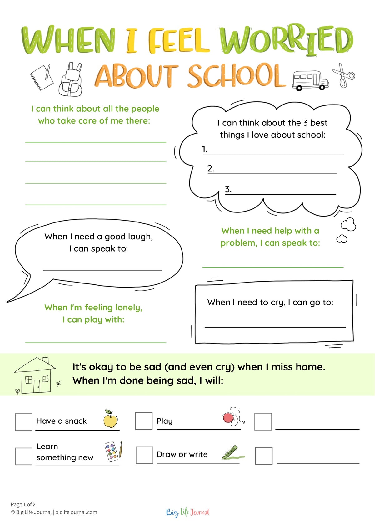 Big Life Journal Free Printables: When I Feel Worried About School