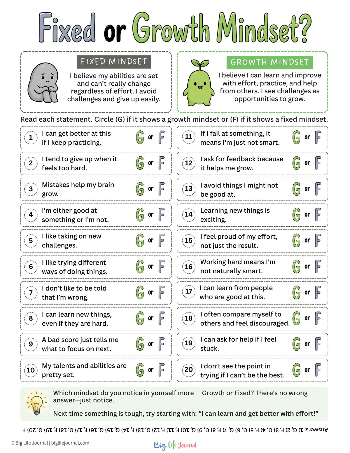 Big Life Journal Free Printables: Fixed or Growth Mindset